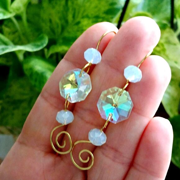 Statement Holographic Hammered Dangle Earrings, Rainbow Boho Swirl - Picture 9 of 9